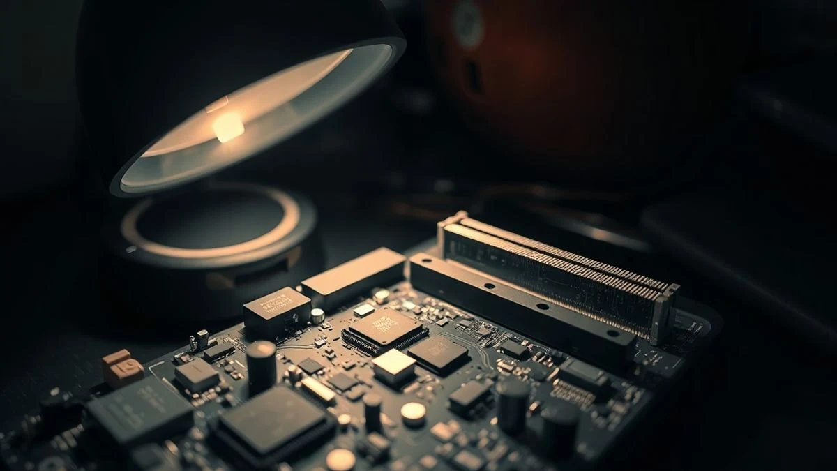 Imagen ilustrativa: primer plano de una placa base de smartphone con chips de memoria iluminados por una lámpara en una habitación oscura.