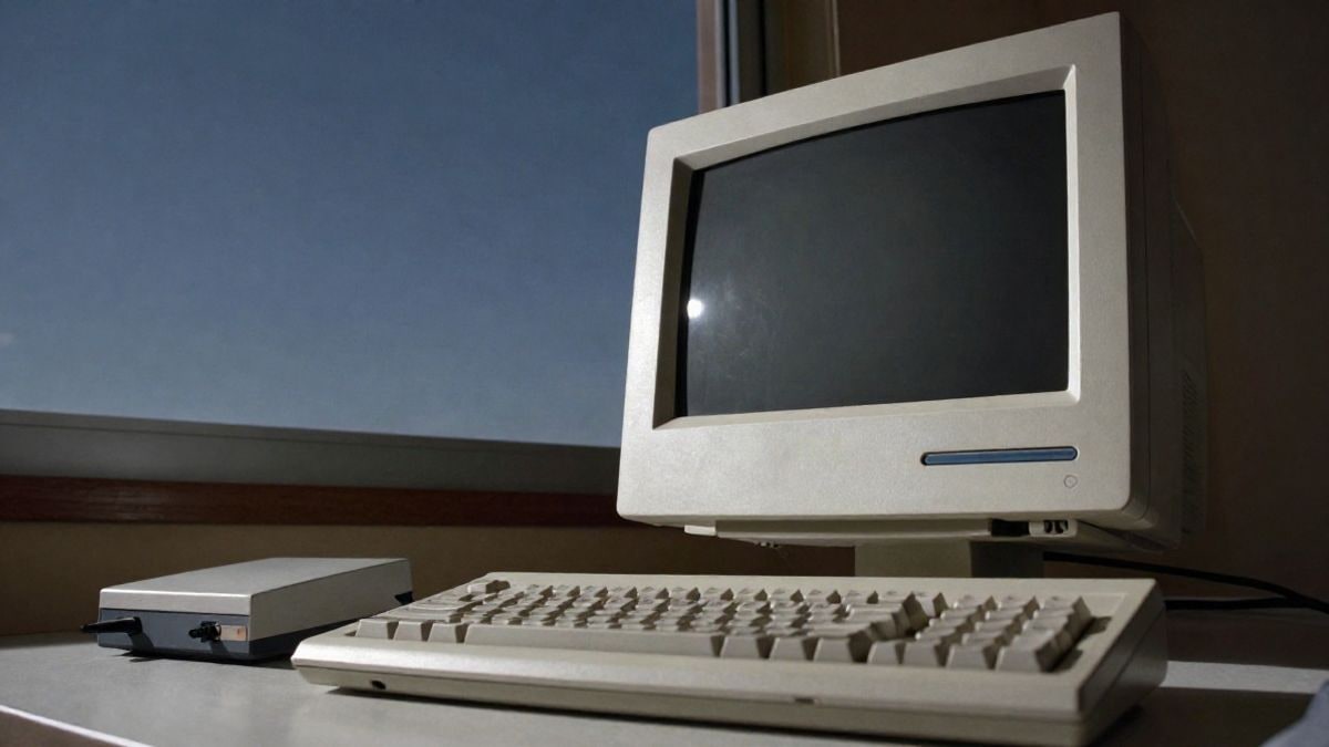 Imagen ilustrativa: monitor y teclado de ordenador antiguo en un escritorio con cielo de fondo