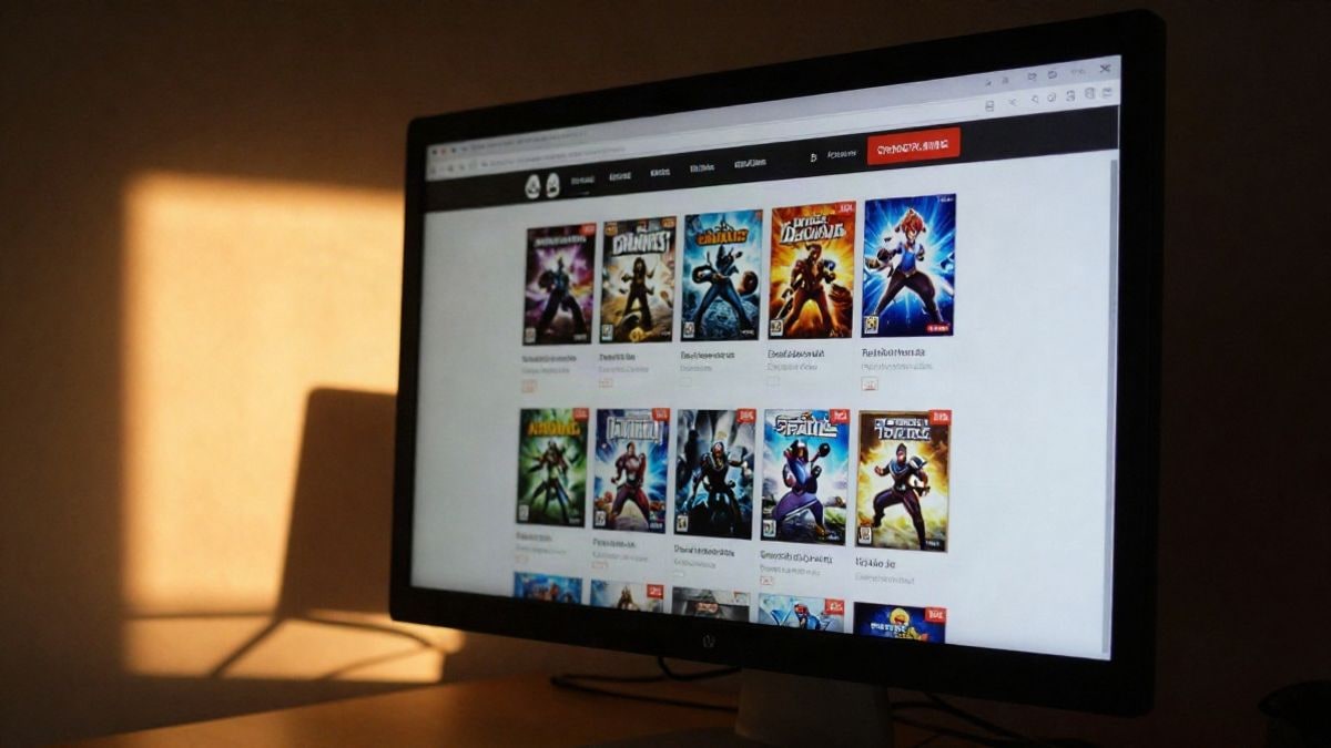 Imagen ilustrativa: pantalla de ordenador con una tienda digital de videojuegos y etiquetas de descuento, en una habitación con luz cálida de atardecer