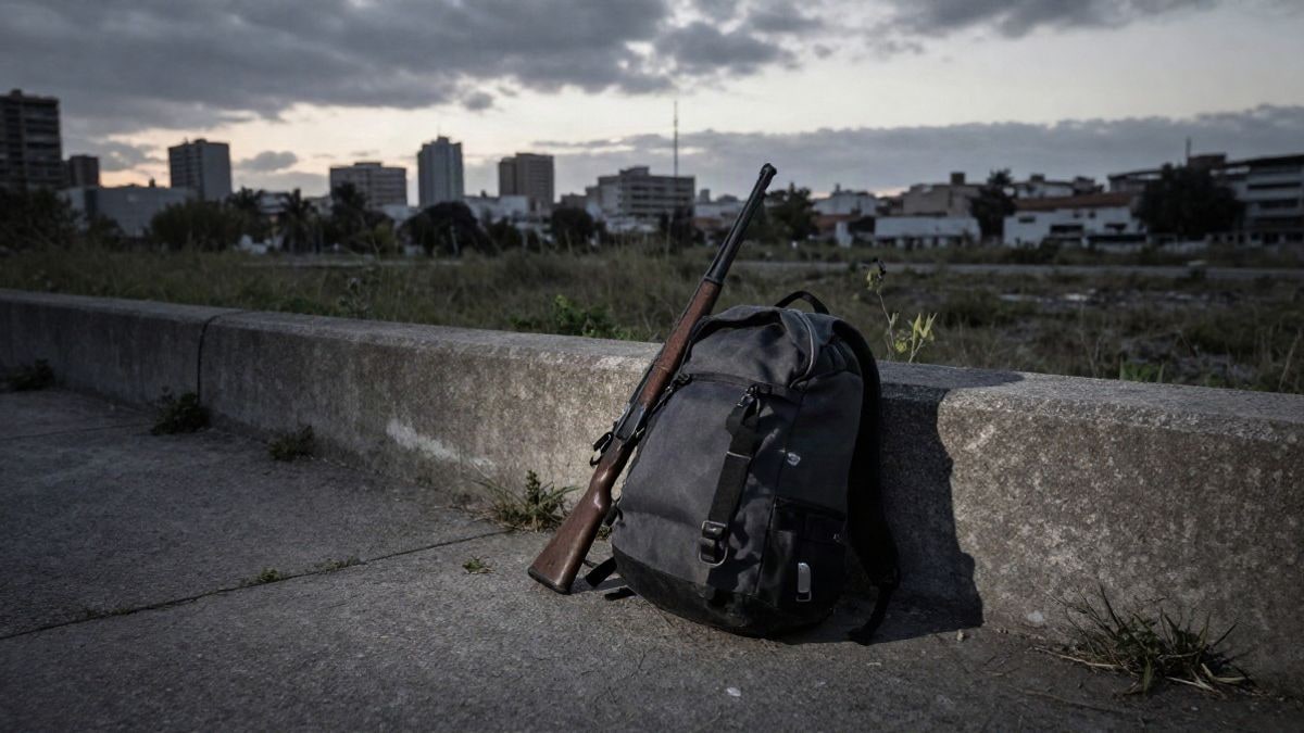 Imagen ilustrativa: mochila y rifle apoyados en una barrera de hormigón en un parque urbano abandonado al atardecer