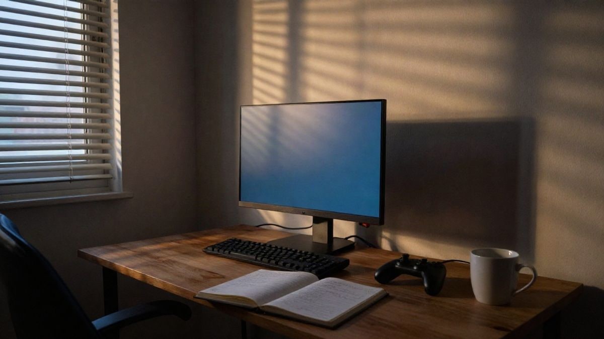 Imagen ilustrativa: escritorio de gaming con monitor encendido y mando, iluminado por luz lateral de ventana