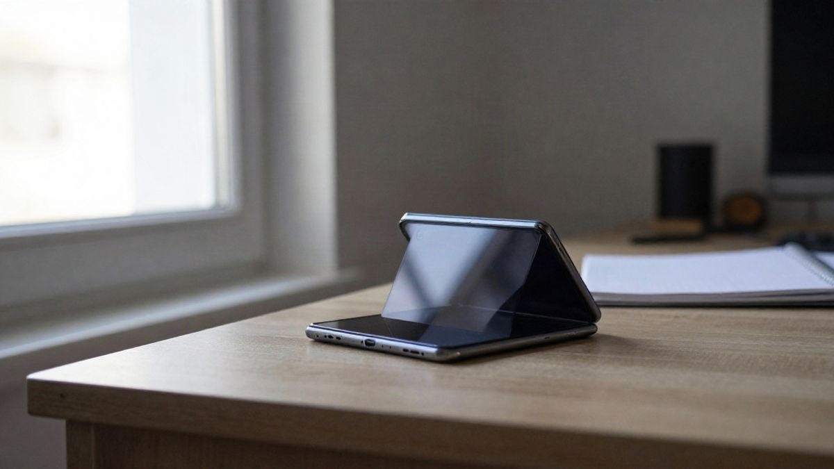 Imagen ilustrativa: un teléfono plegable parcialmente abierto sobre una mesa de madera junto a una libreta, iluminado por la luz de una ventana lateral