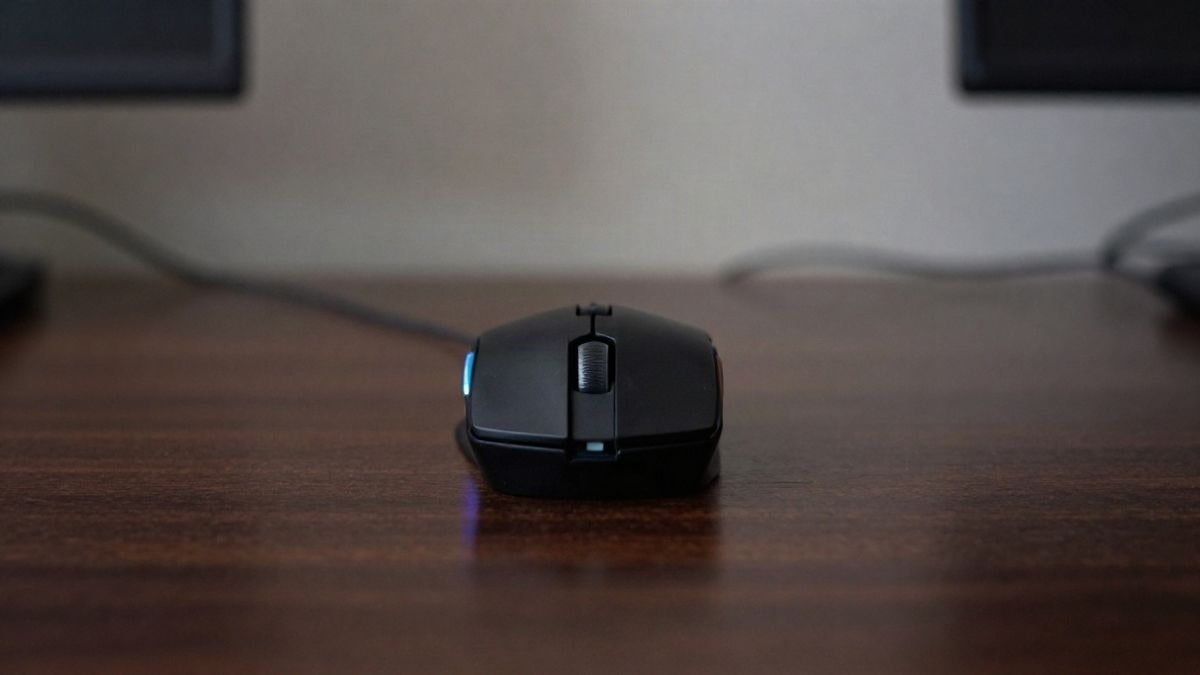 Imagen ilustrativa: ratón gaming con iluminación RGB sobre una mesa de madera oscura