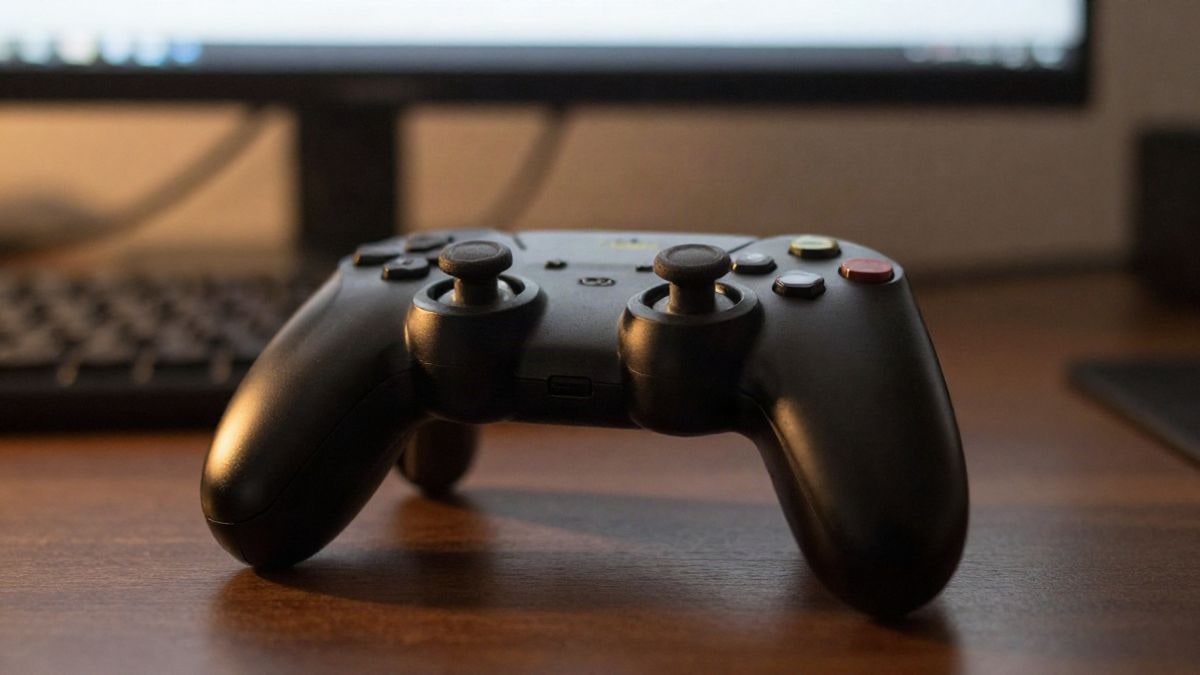 Imagen ilustrativa: primer plano de un mando de videojuego genérico sobre una mesa de madera con luz cálida lateral