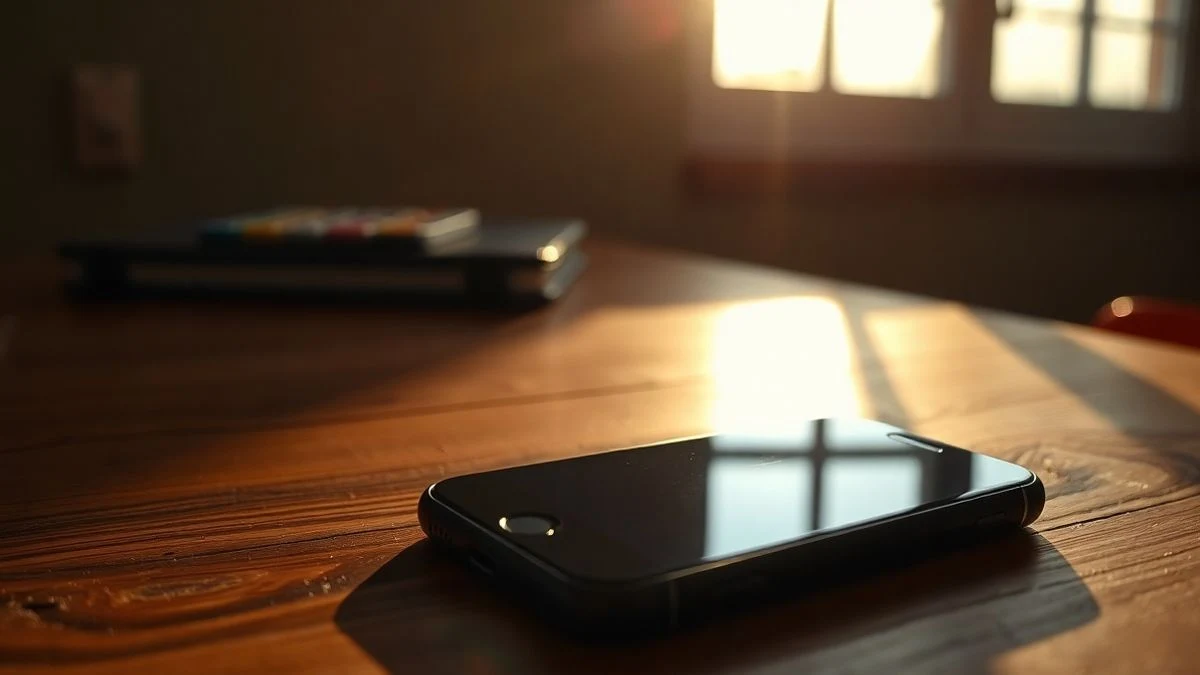 Imagen ilustrativa: un teléfono móvil sobre una mesa de madera al atardecer, con contraluz y sombras largas.