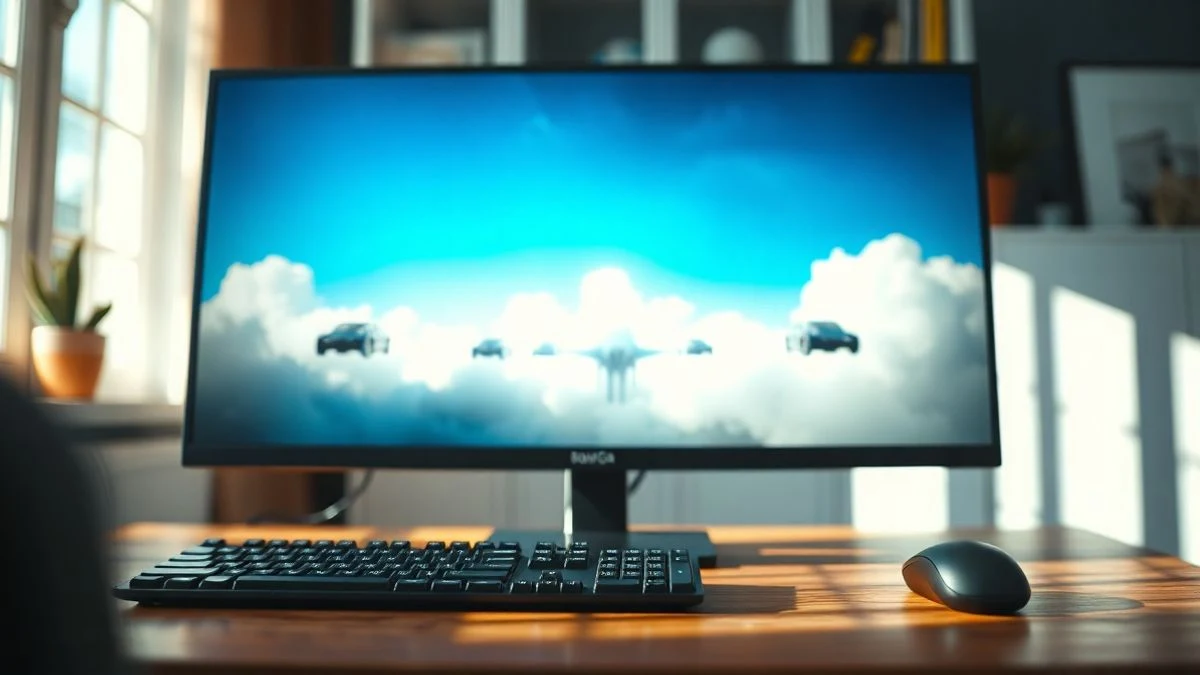 Imagen ilustrativa: un escritorio con un monitor que muestra una interfaz de juego en la nube difuminada, sin marcas ni texto.