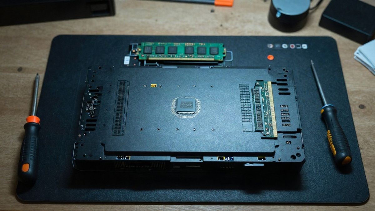 Imagen ilustrativa: vista cenital de una consola desmontada con chip gráfico y módulos de memoria sobre una mesa de taller