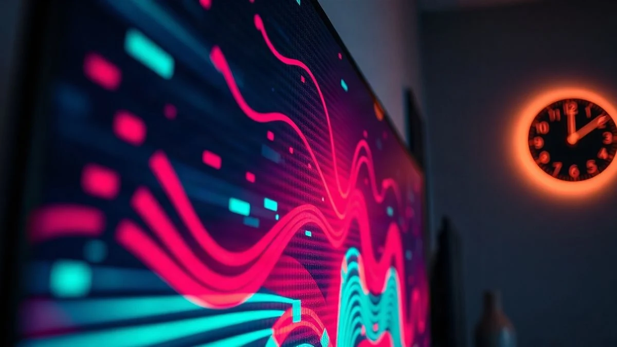 Imagen ilustrativa: el borde de un panel de televisión ultrafino con píxeles de colores brillantes en una habitación oscura con luz neón.