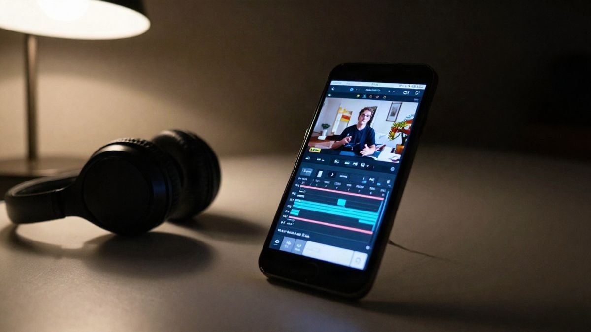 Imagen ilustrativa: un teléfono inteligente sobre una mesa con la pantalla encendida mostrando una interfaz de edición de vídeo