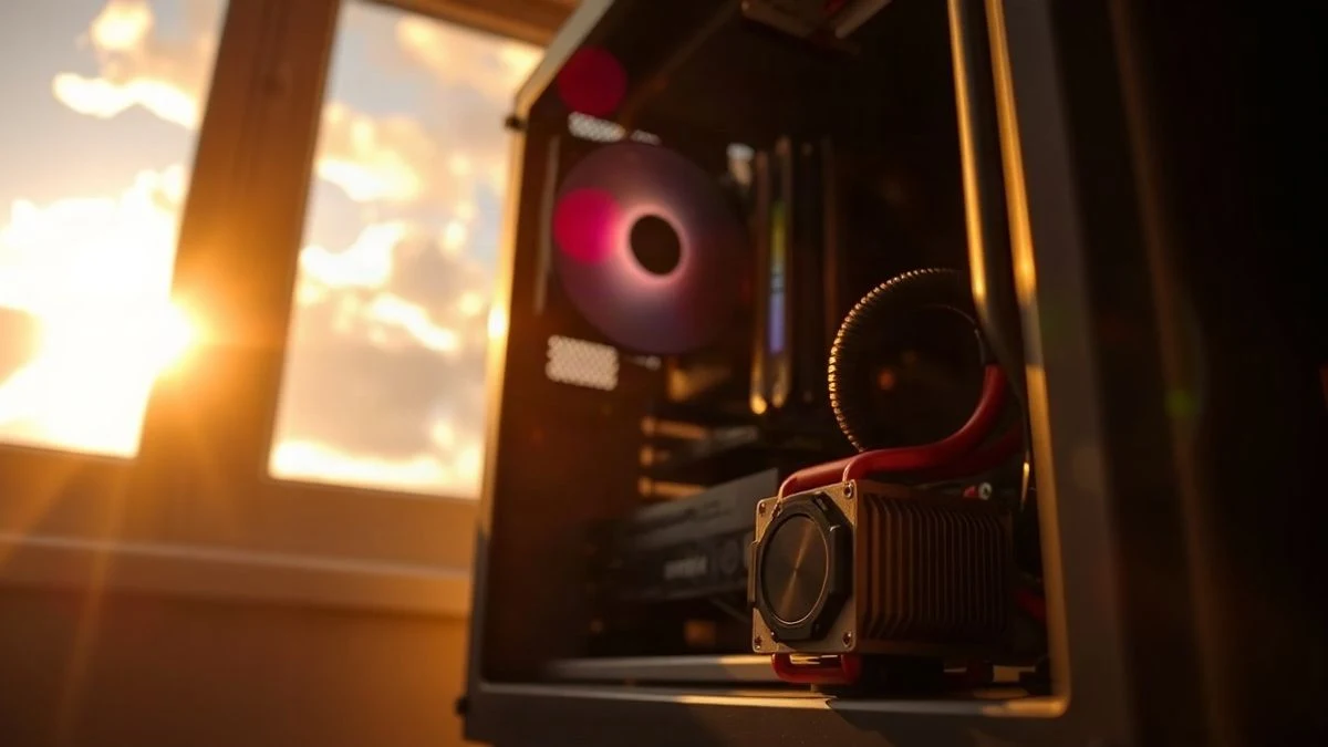 Imagen ilustrativa: interior de una torre de PC con el panel lateral abierto, mostrando la placa base y el disipador de la CPU, con luz de atardecer al fondo.