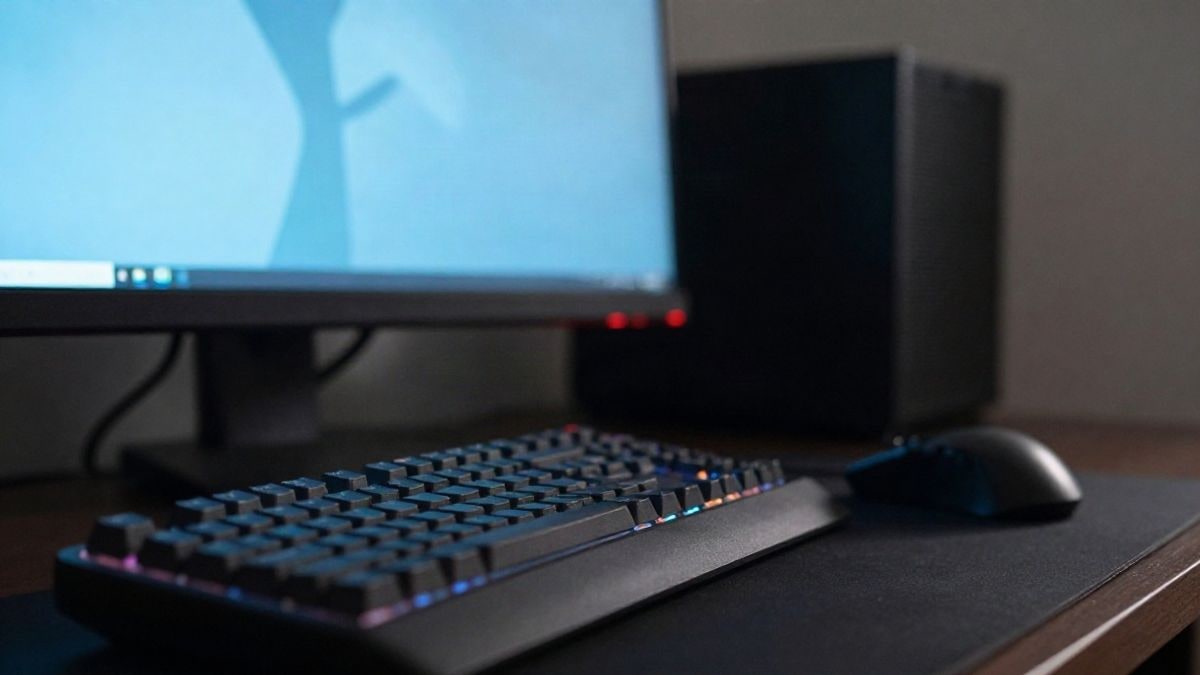 Imagen ilustrativa: escritorio oscuro con teclado mecánico y ratón gaming junto a un monitor con luz azulada desenfocada