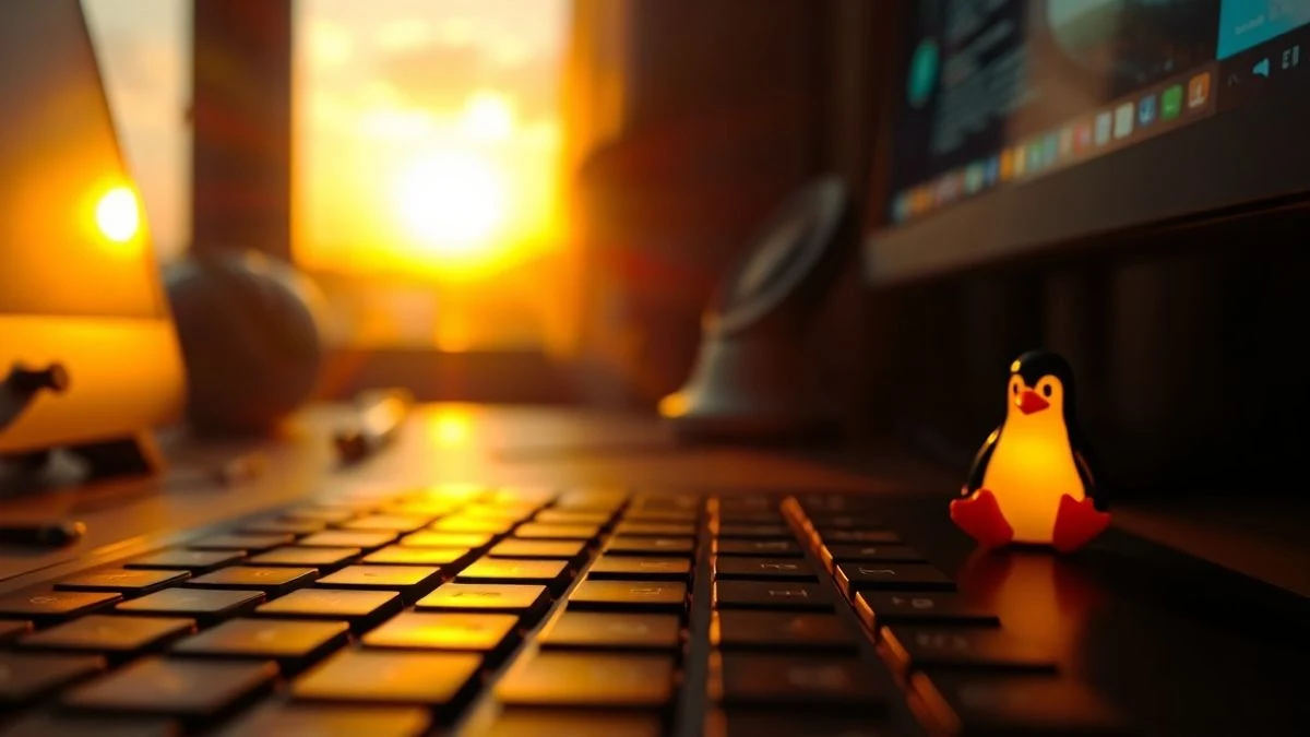 Imagen ilustrativa: teclado de ordenador con una tecla que muestra un pingüino, iluminado por la luz del atardecer.