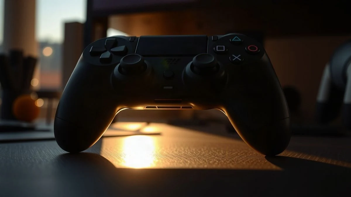 Imagen ilustrativa: un mando de juegos negro sobre una mesa oscura, iluminado por un contraluz cálido de atardecer que proyecta sombras largas.