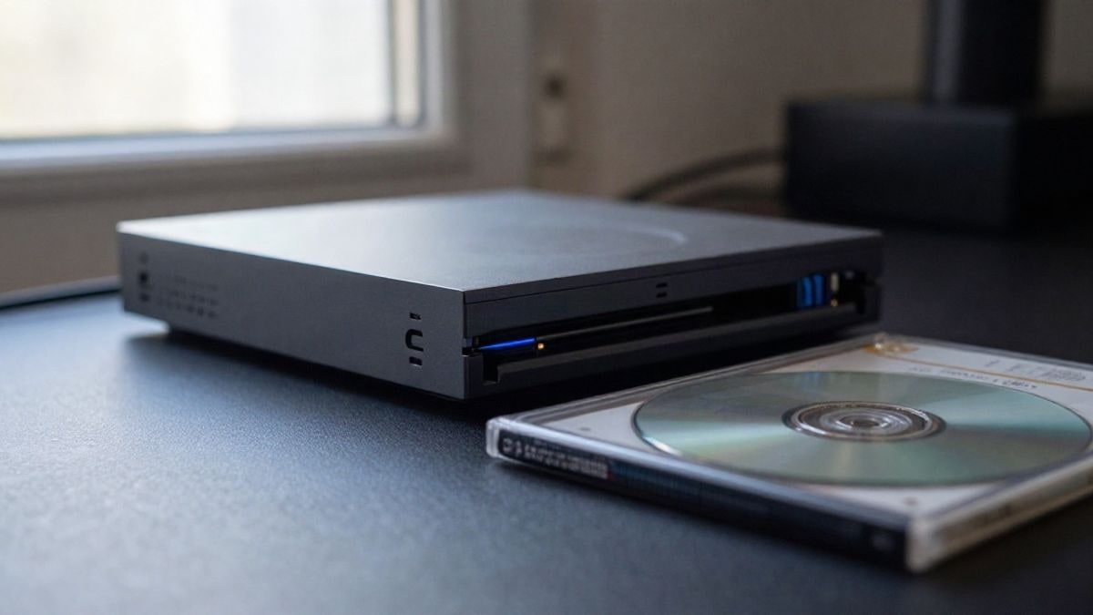 Imagen ilustrativa: ranura de disco de una consola moderna junto a una caja de DVD sobre una superficie oscura