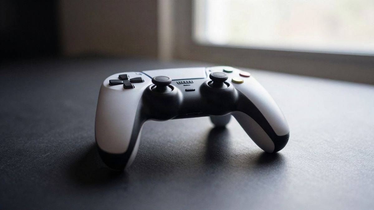 Imagen ilustrativa: mando de videojuegos inalámbrico moderno sobre una superficie oscura con luz natural dramática