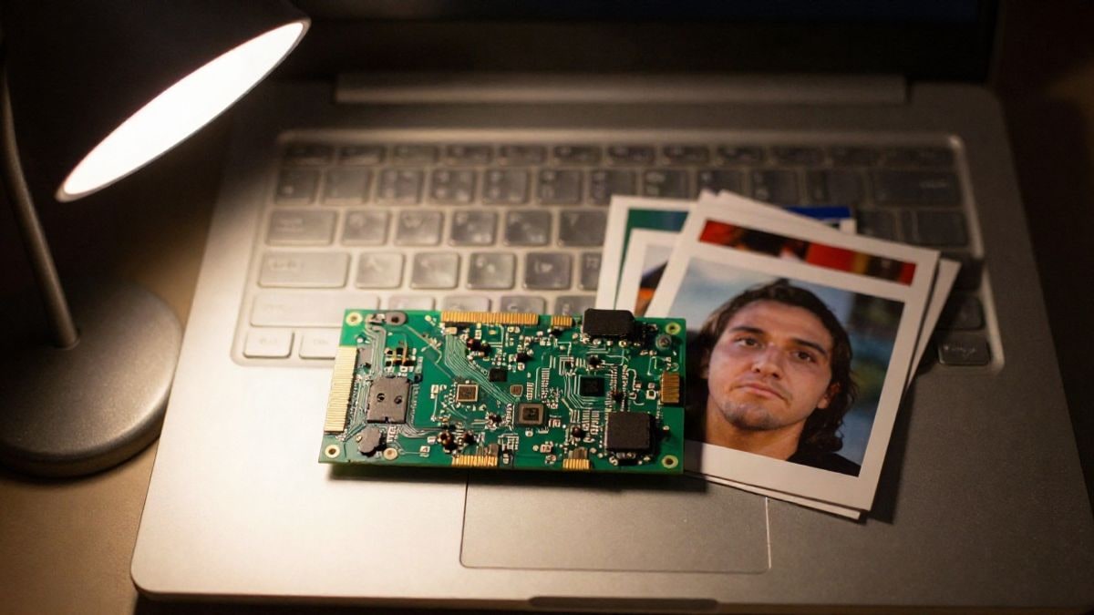 Imagen ilustrativa: vista cenital de un teclado de portátil junto a una placa base y fotografías impresas sobre una mesa