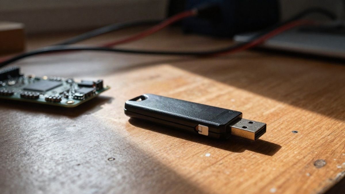 Imagen ilustrativa: detalle de una memoria USB sobre una mesa de madera junto a una placa de circuito