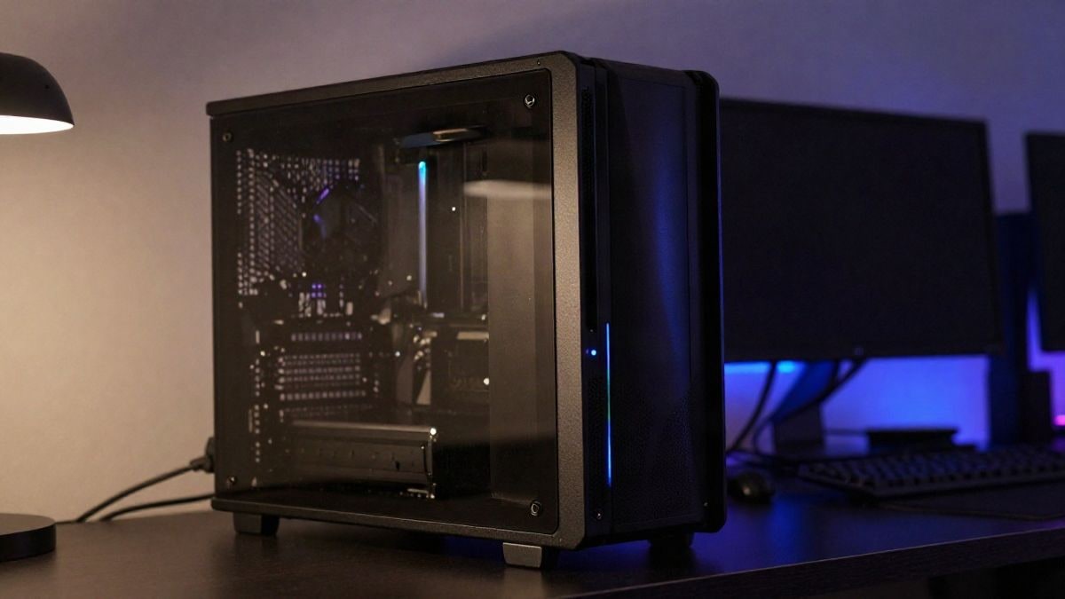 Imagen ilustrativa: torre de PC con panel de cristal templado e iluminación RGB sobre una mesa en una habitación oscura