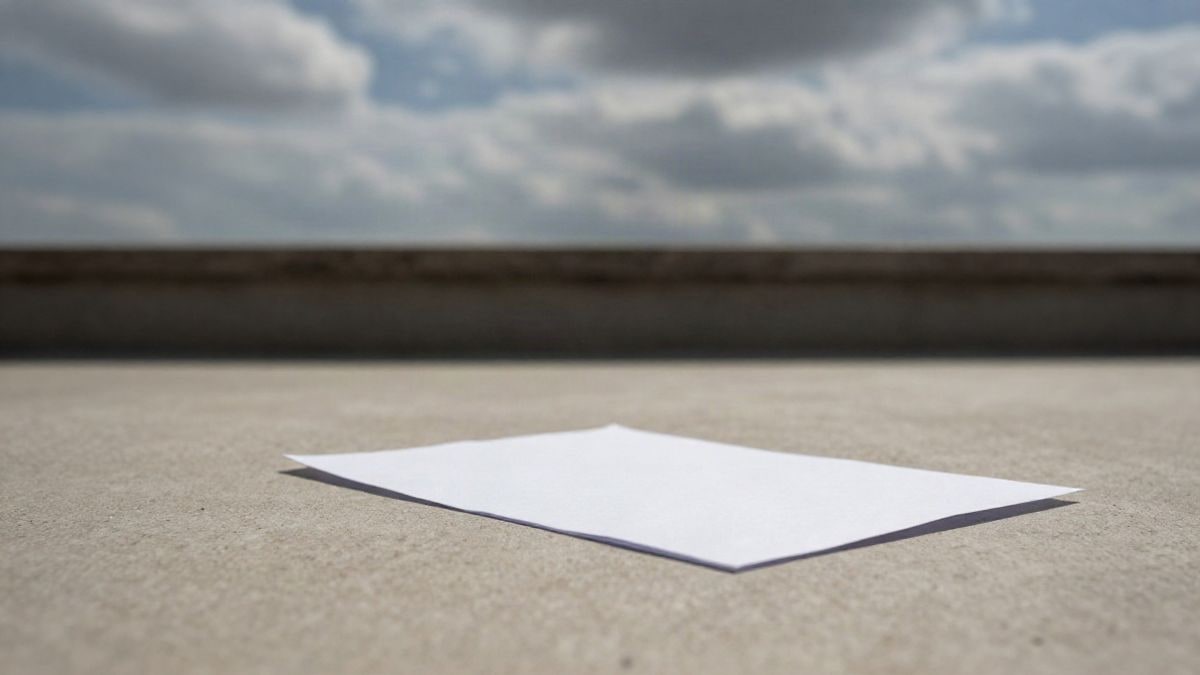 Imagen ilustrativa: una hoja de papel blanca sobre un suelo de hormigón, vista desde ángulo bajo con cielo de fondo