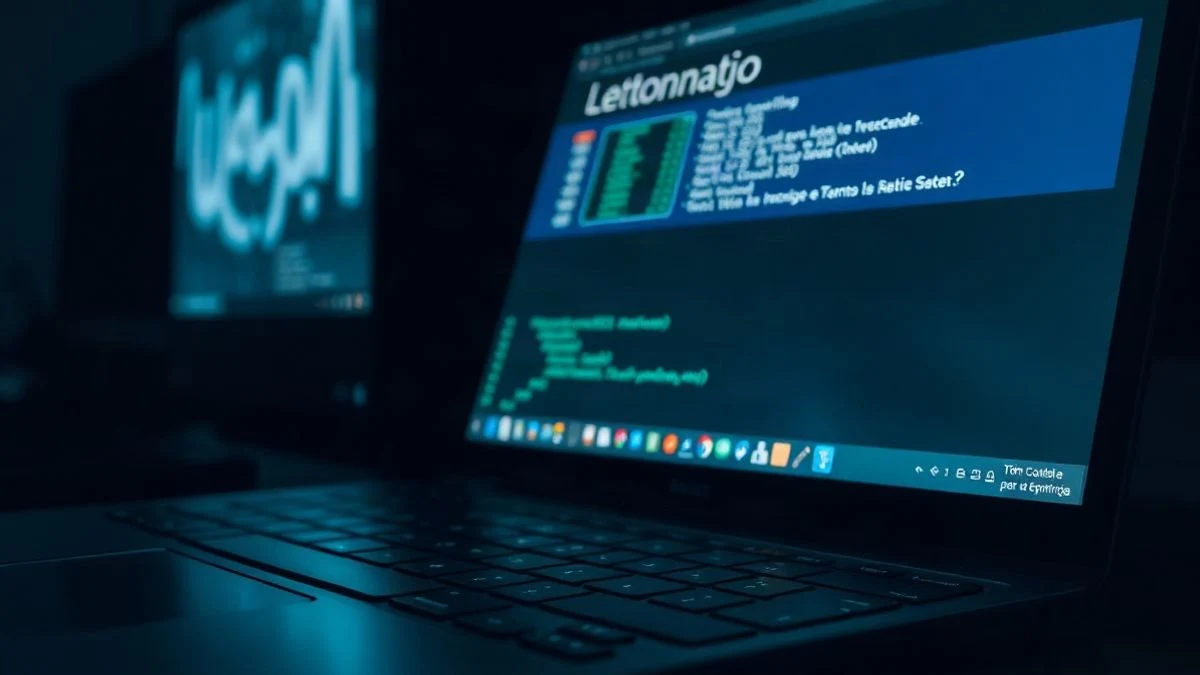Imagen ilustrativa: un teclado de portátil con una ventana de terminal iluminada en la pantalla, en una habitación oscura.