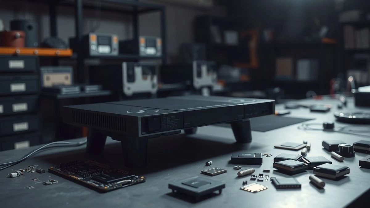 Imagen ilustrativa: una consola de videojuegos sobre una mesa de trabajo con componentes electrónicos desordenados.