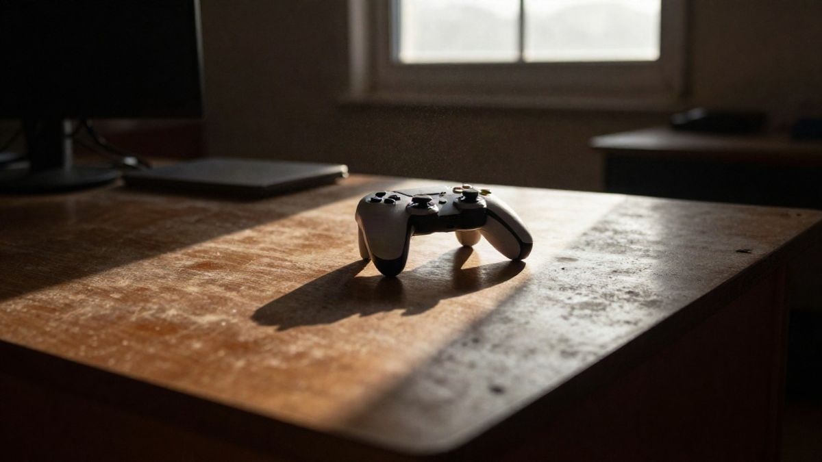 Imagen ilustrativa: mando de videojuegos sobre una mesa de madera a contraluz al atardecer, con sombras largas