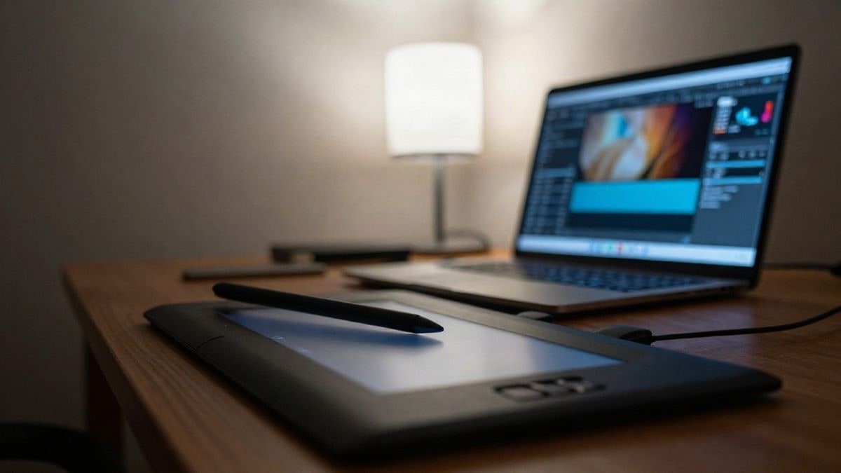Imagen ilustrativa: mesa de trabajo con tableta gráfica y portátil con interfaz creativa desenfocada