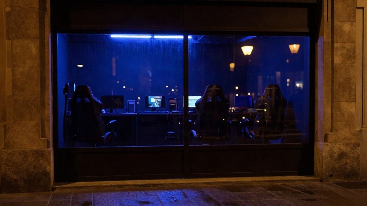 Imagen ilustrativa: fachada oscura de un estudio iluminada por farolas y un brillo de neón tenue sobre el pavimento mojado