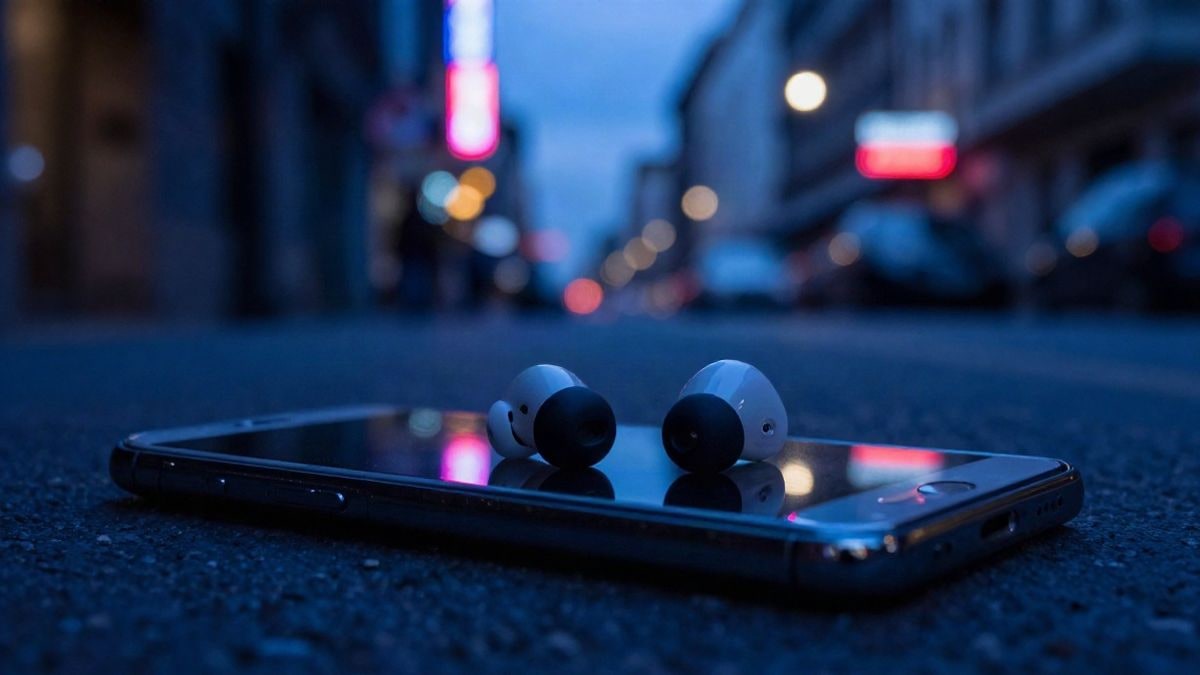 Imagen ilustrativa: auriculares inalámbricos sobre un smartphone en una calle nocturna con luces de neón desenfocadas