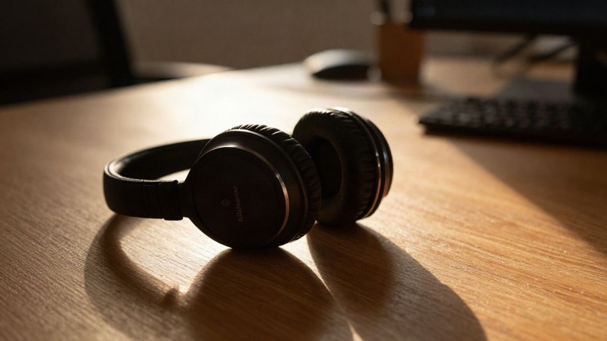 Imagen ilustrativa: auriculares de diadema sobre una mesa de madera a contraluz al atardecer