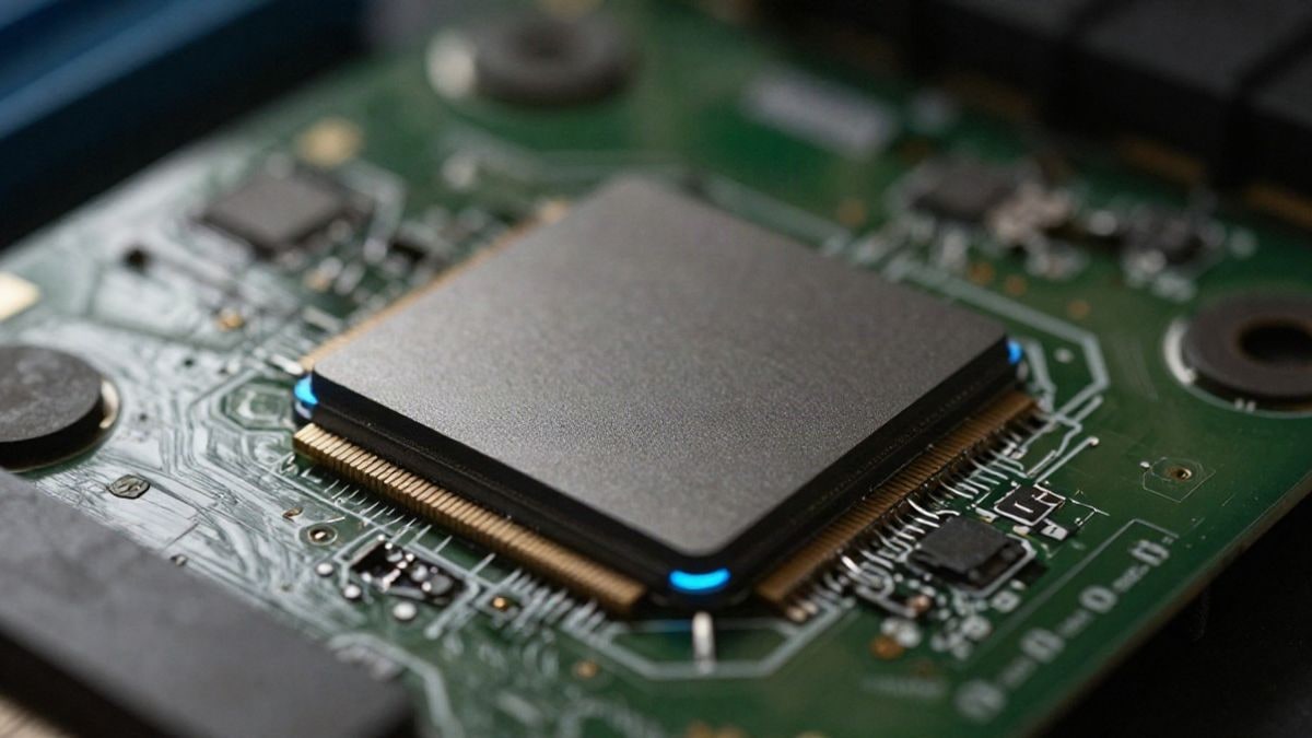 Imagen ilustrativa: primer plano macro de una tarjeta gráfica con chip GPU iluminado