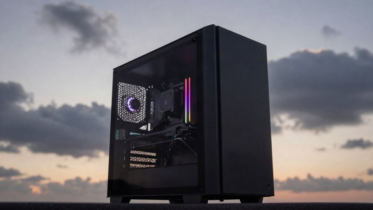 Imagen ilustrativa: torre de PC gaming moderna con iluminación RGB sutil bajo un cielo al atardecer