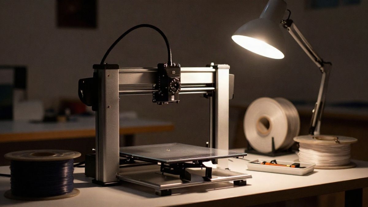 Imagen ilustrativa: impresora 3D de sobremesa de cámara cerrada en un taller nocturno iluminado por una lámpara de mesa
