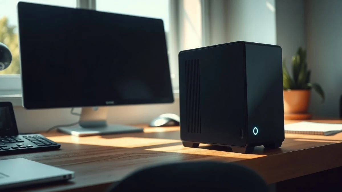 Imagen ilustrativa: un mini PC compacto sobre un escritorio de madera, con luz lateral de ventana y un monitor desenfocado al fondo.