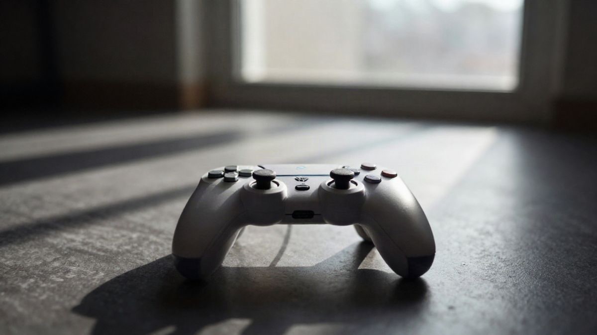 Imagen ilustrativa: mando de videojuegos genérico sobre una superficie oscura con luz natural y sombras alargadas