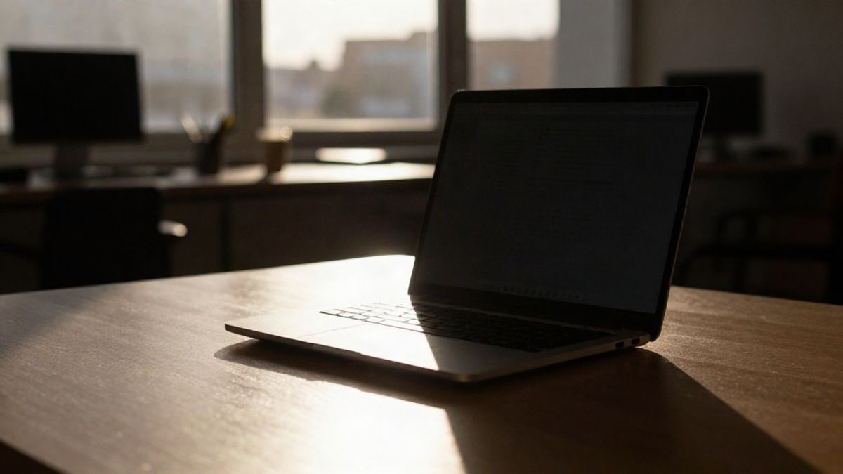 Imagen ilustrativa: silueta de un portátil sobre una mesa al atardecer con sombras largas