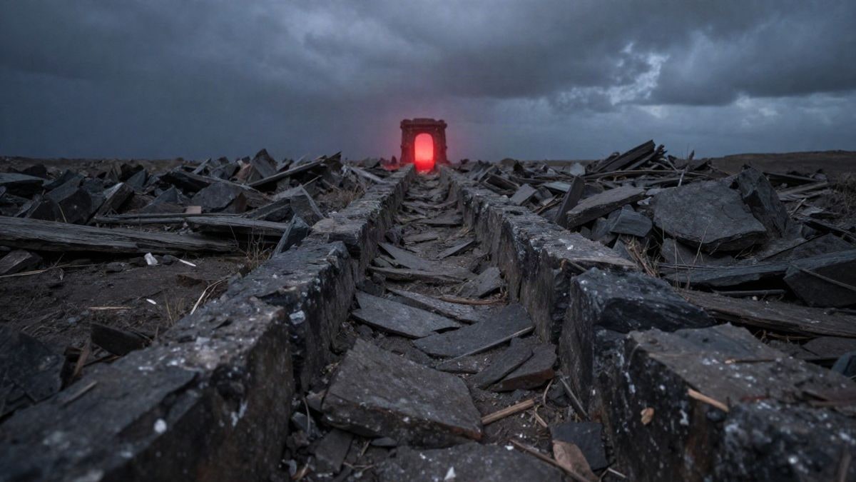 Imagen ilustrativa: paisaje oscuro y ruinoso con líneas convergentes y un portal rojo al fondo