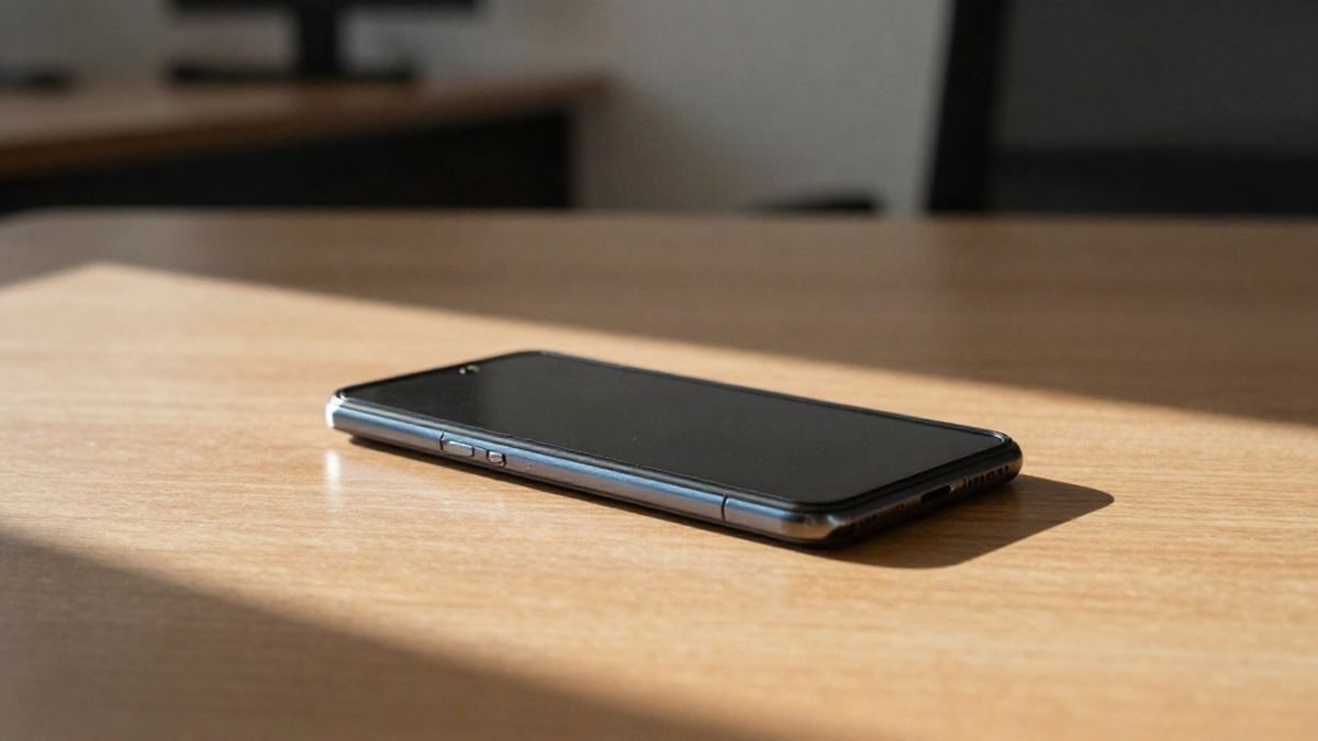 Imagen ilustrativa: un teléfono plegable cerrado sobre una mesa de madera con luz lateral y sombras alargadas