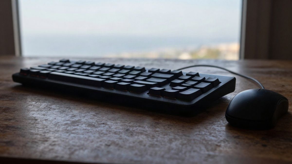 Imagen ilustrativa: teclado y ratón de ordenador sobre una mesa de madera vista desde un ángulo bajo, con el cielo al fondo