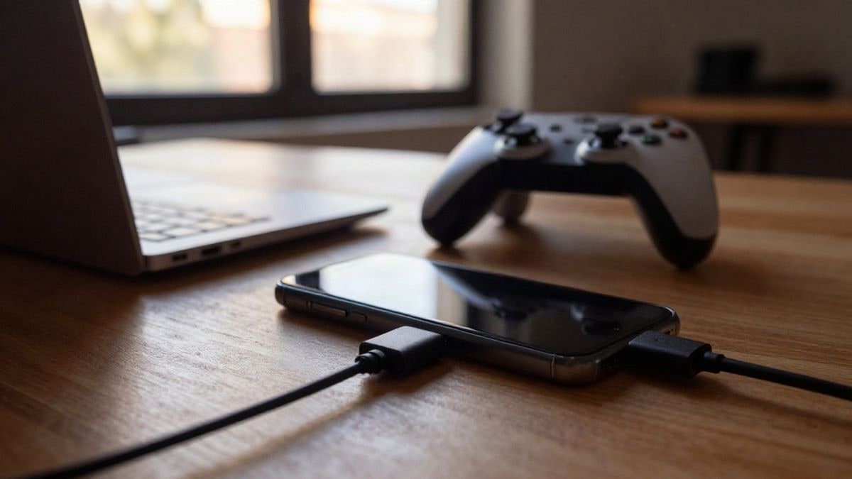 Imagen ilustrativa: un smartphone conectado por USB a un ordenador portátil sobre una mesa de madera