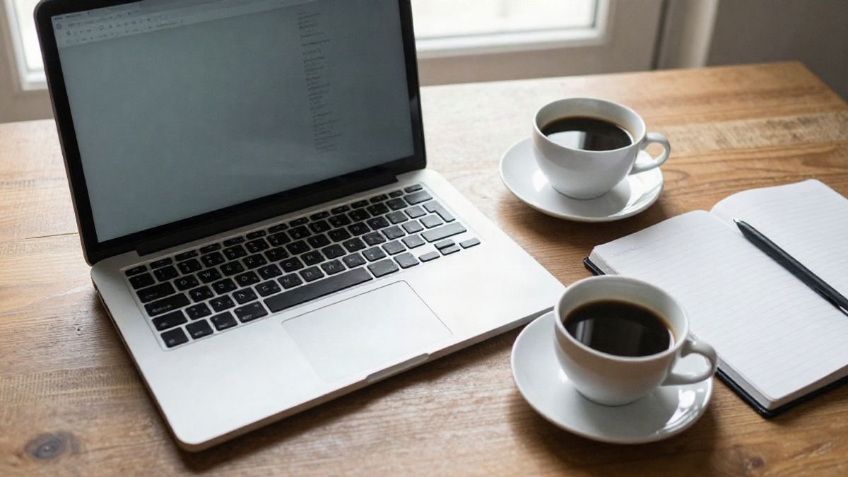 Imagen ilustrativa: vista cenital de un escritorio con portátil, taza de café y cuaderno