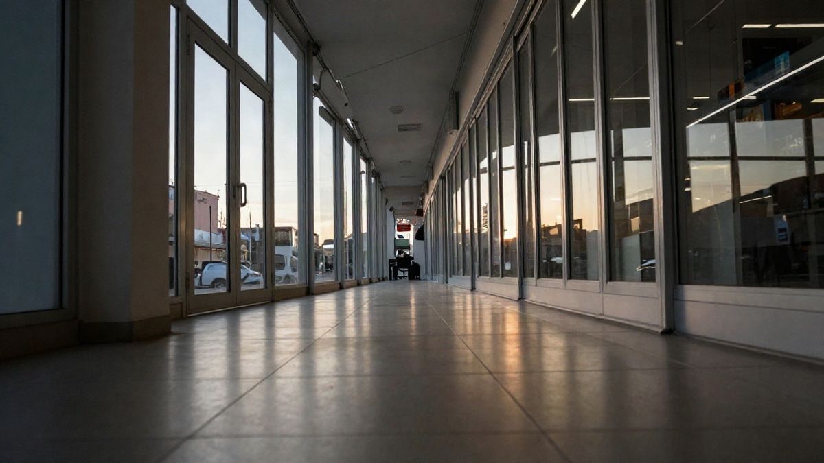 Imagen ilustrativa: pasillo acristalado de una tienda de electrónica al atardecer, con líneas que convergen en el fondo