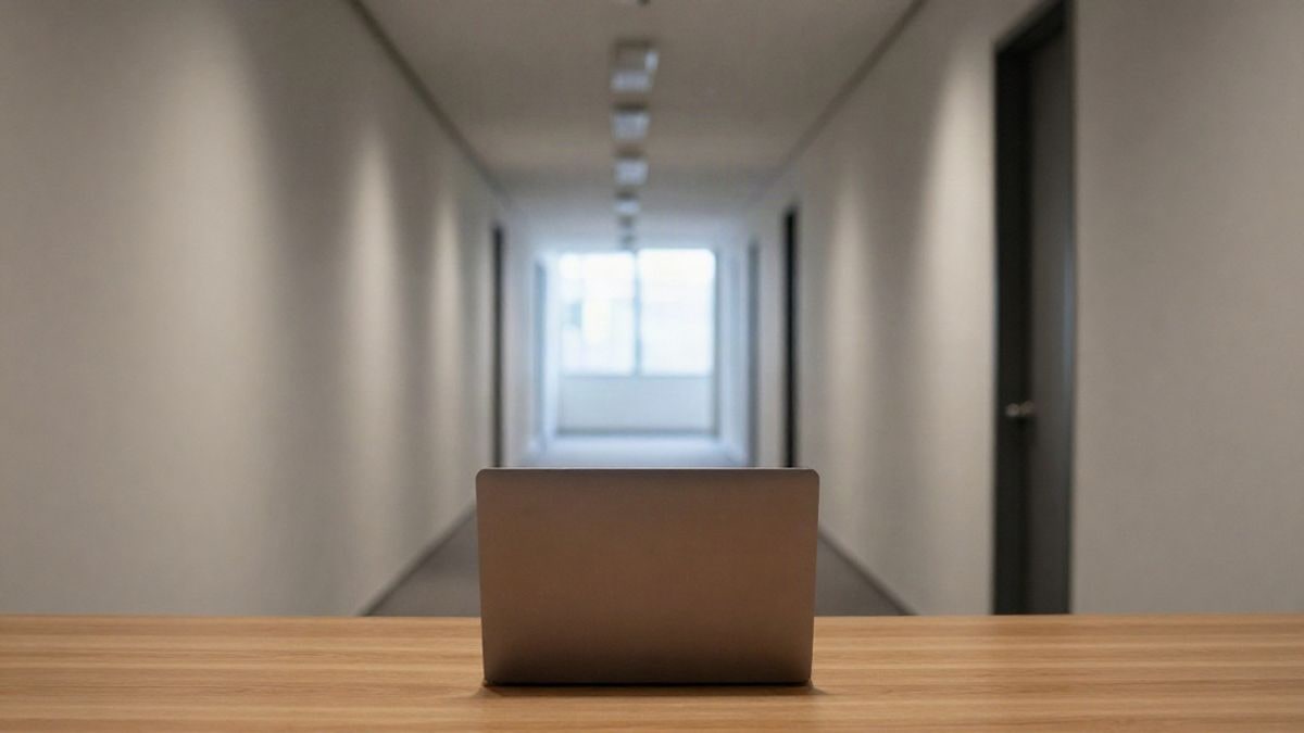 Imagen ilustrativa: pasillo de oficina moderna y vacía con un portátil cerrado sobre una mesa de madera