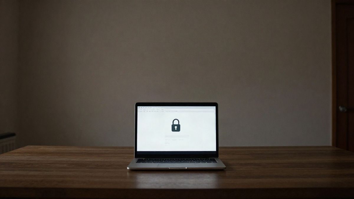 Imagen ilustrativa: una pantalla de portátil encendida en una habitación oscura, con un candado de seguridad difuminado