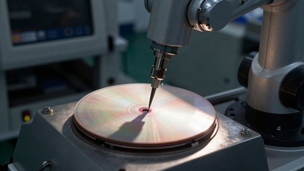 Imagen ilustrativa: oblea de semiconductor sostenida por un brazo robótico en una sala limpia de fabricación