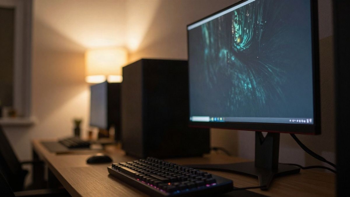 Imagen ilustrativa: un escritorio de gaming con teclado mecánico y monitor encendido al atardecer