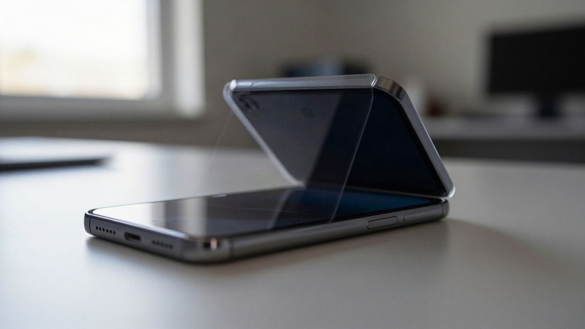 Imagen ilustrativa: un smartphone plegable sobre una mesa con una fina capa protectora en el borde
