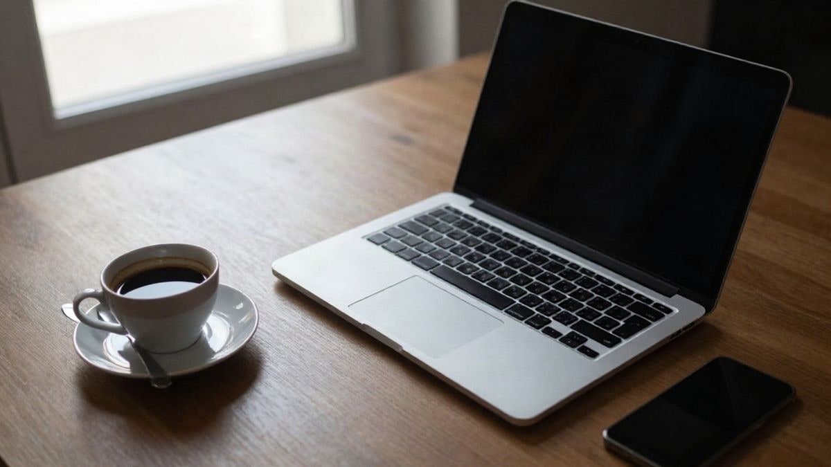 Imagen ilustrativa: vista cenital de un escritorio con un ordenador portátil y una taza de café