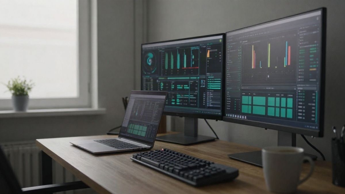 Imagen ilustrativa: escritorio con portátil y monitor mostrando gráficos abstractos de rendimiento