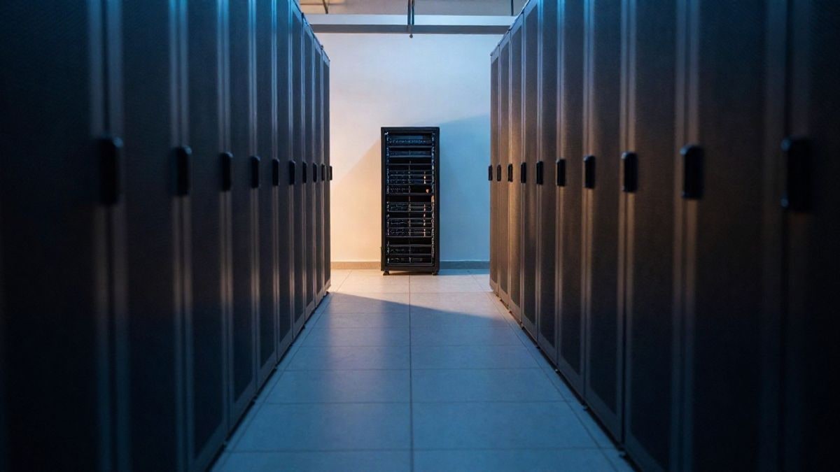 Imagen ilustrativa: pasillo de un centro de datos con un rack iluminado al fondo y amplio espacio vacío